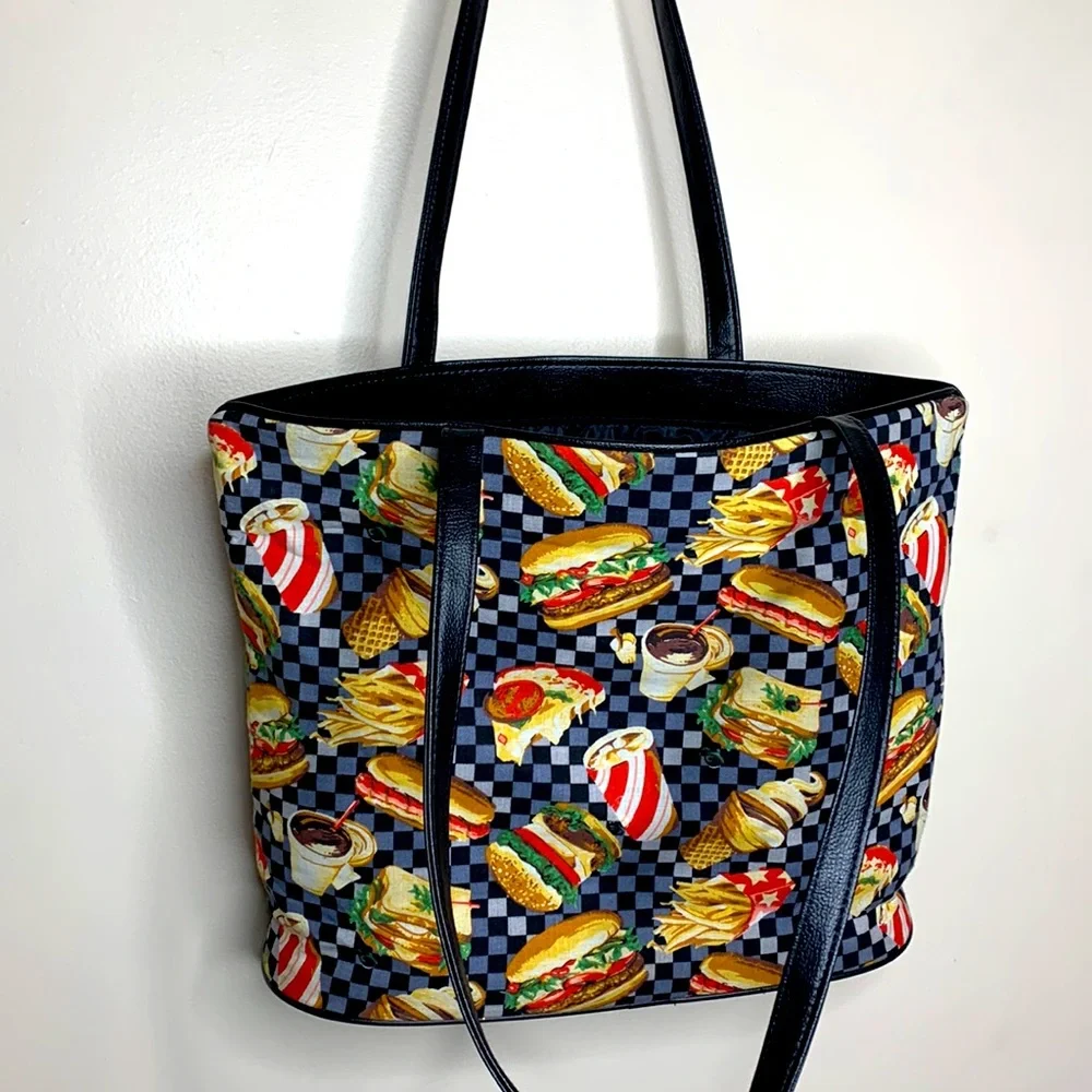 Fast Food Diner Tote | Large Canvas Food Design Bag | Leather Detail Food Lover - Picture 6 of 7